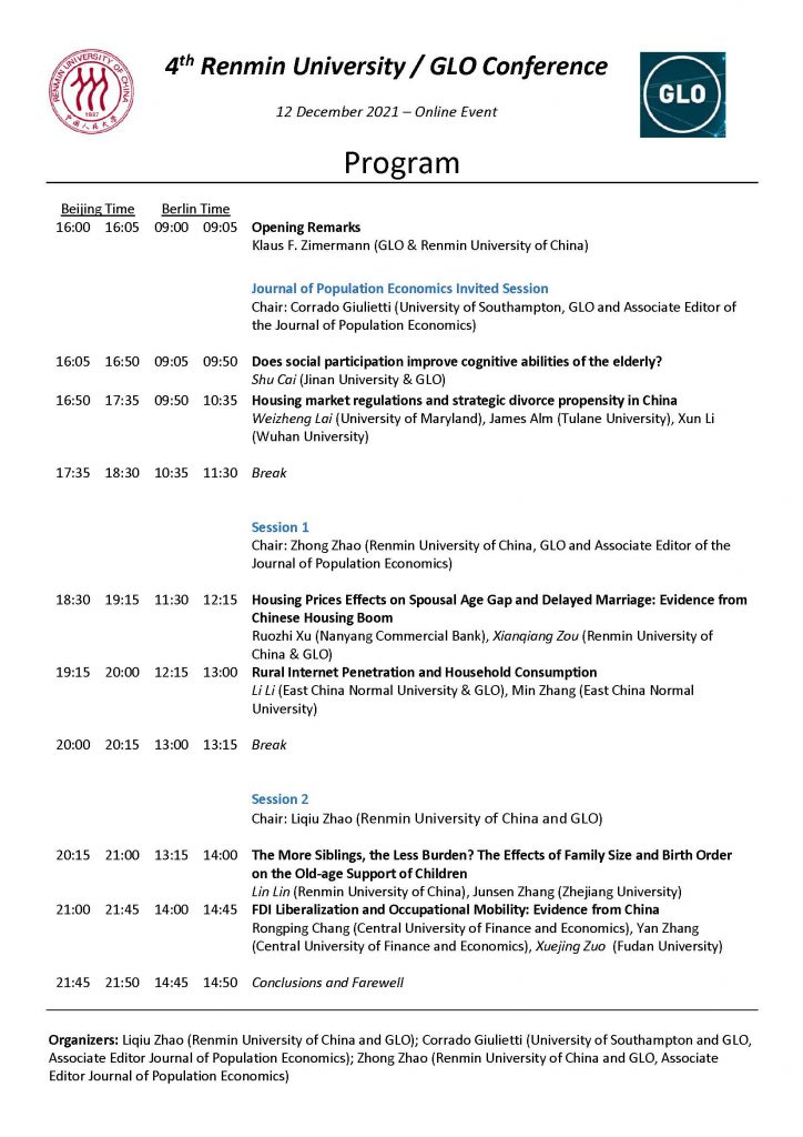 Fourth Renmin University of China & GLO Conference on December 12, 2021.  Program & Registration Details. - Klaus F. ZimmermannKlaus F. Zimmermann